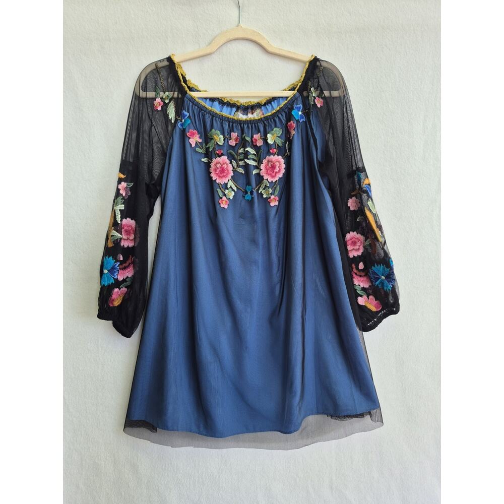 Vintage Collection Embroidered Floral Tunic Sheer Mesh Sleeves Boho Size L